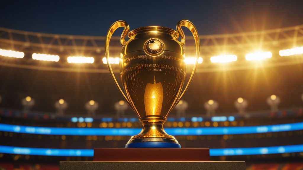Cúp vàng World Cup được đặt trang trọng trên nền sân cỏ xanh